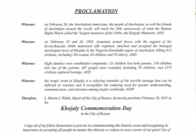 Город Бостон объявил 26 февраля 29-й годовщиной Ходжалинской резни